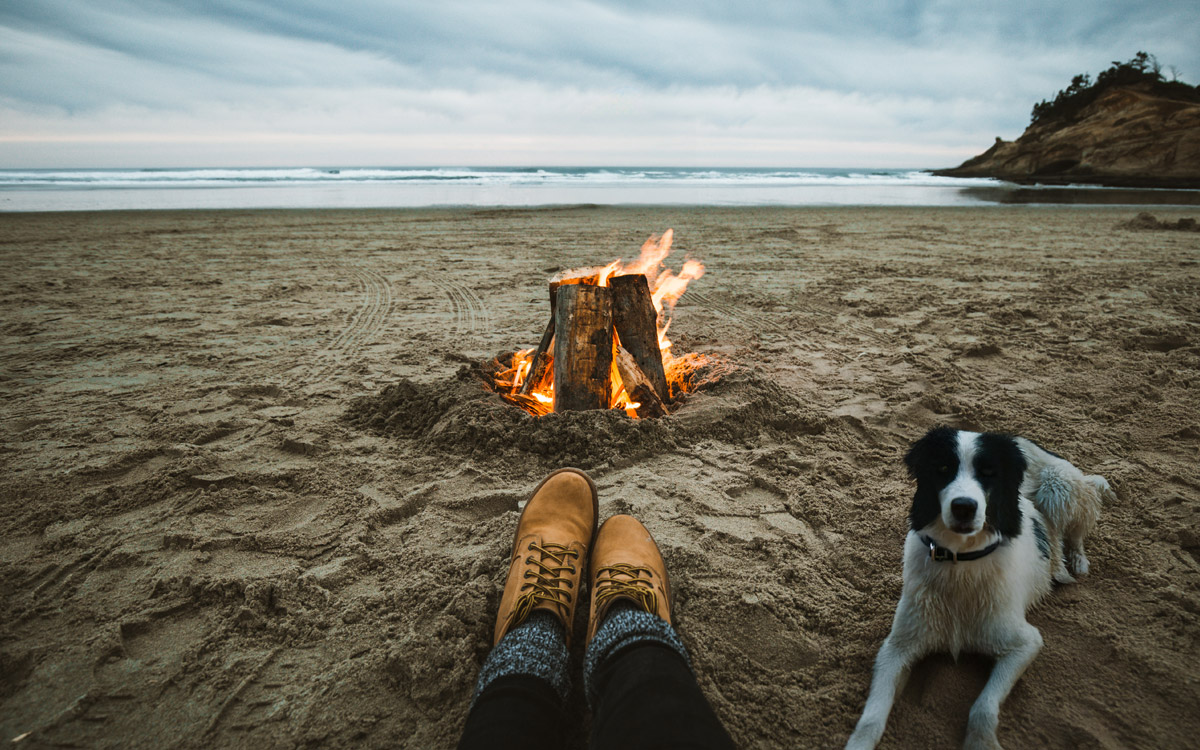 Beach bonfire with a dog and someones feet for a blog about Dog-Friendly Adventures in Depoe Bay